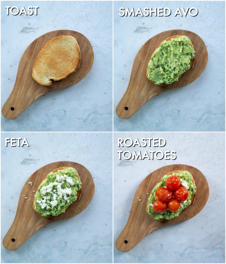 3 step by step photos showing how to make tomato avocado toast