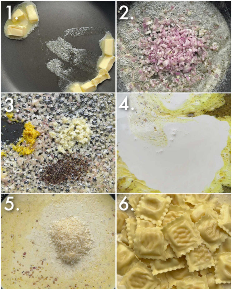 6 step by step photos showing how to make creamy lemon ravioli