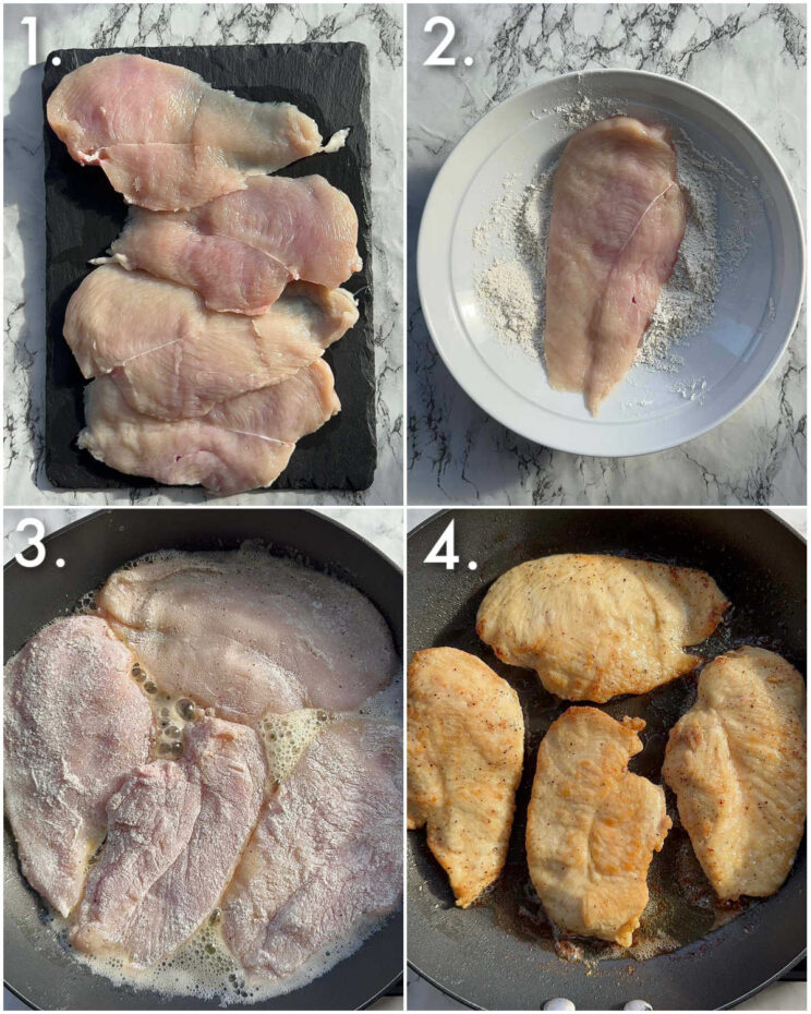 4 step by step photos showing how to prepare creamy lemon chicken