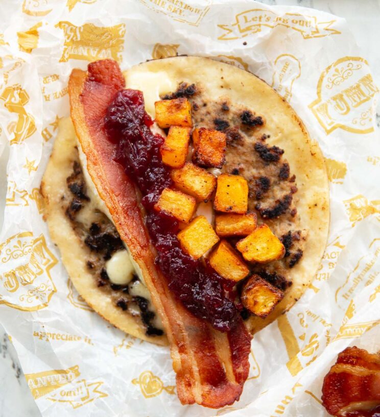 smashed sausage taco overhead shot of smashed sausage taco