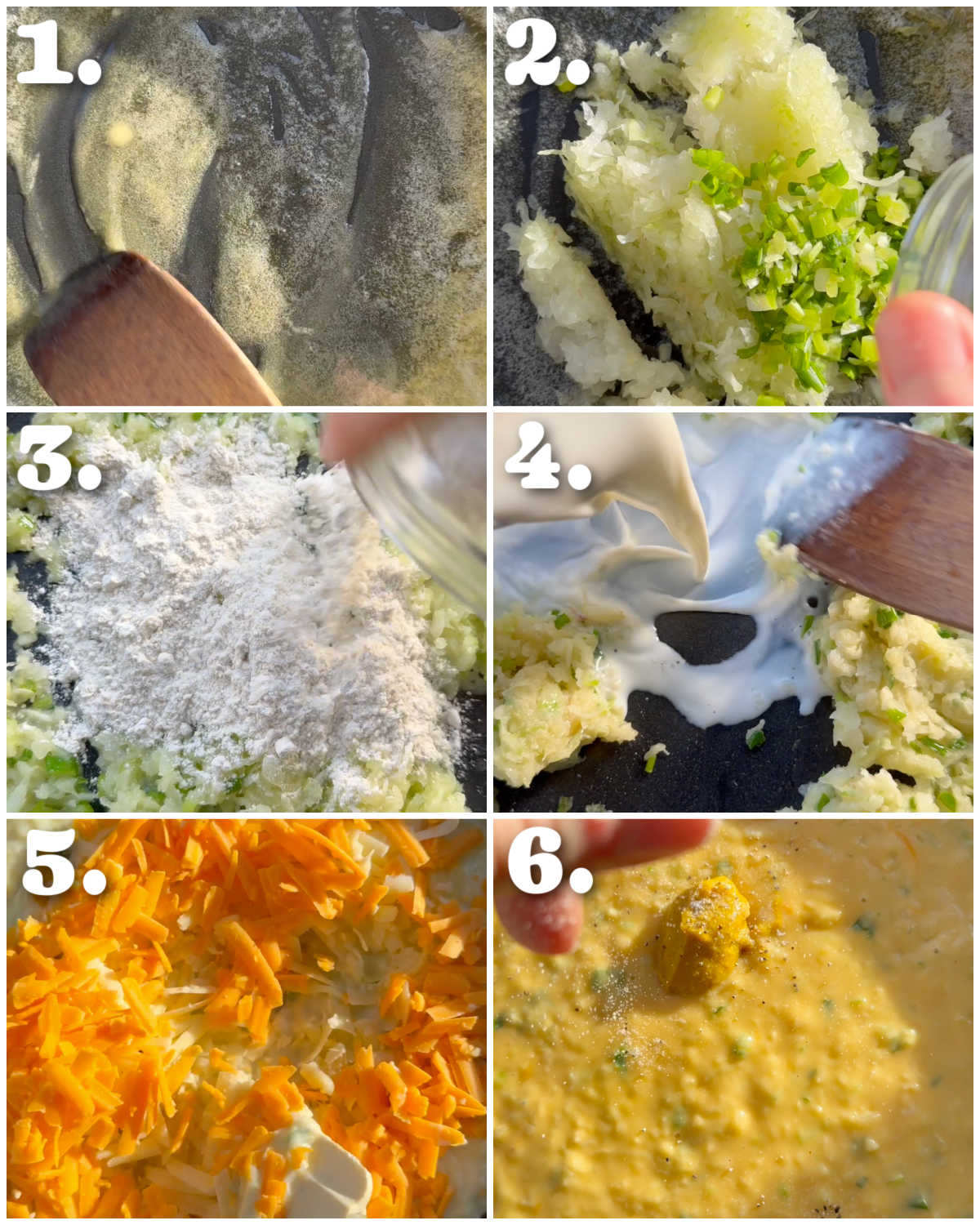 6 step by step photos showing how to make cheese and onion sauce