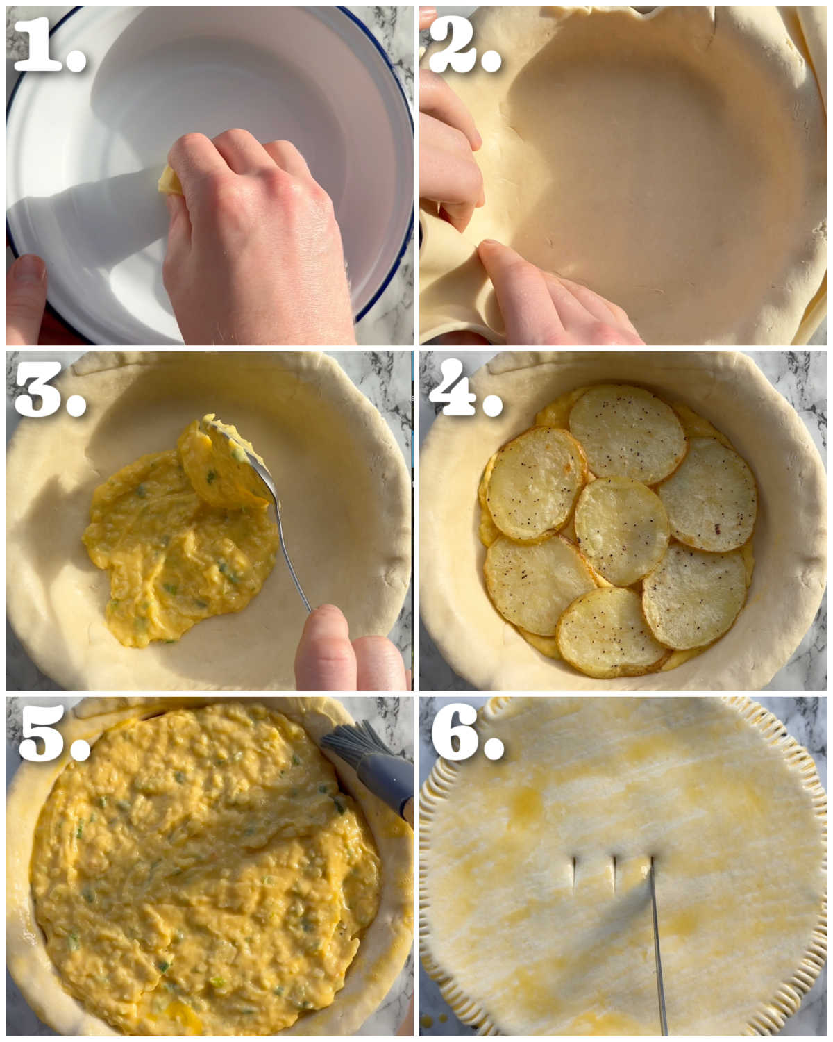 6 step by step photos showing how to make potato cheese onion pie