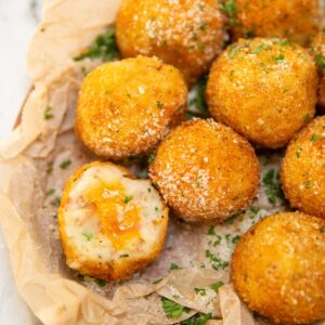 close up overhead shot of fried mashed potato balls