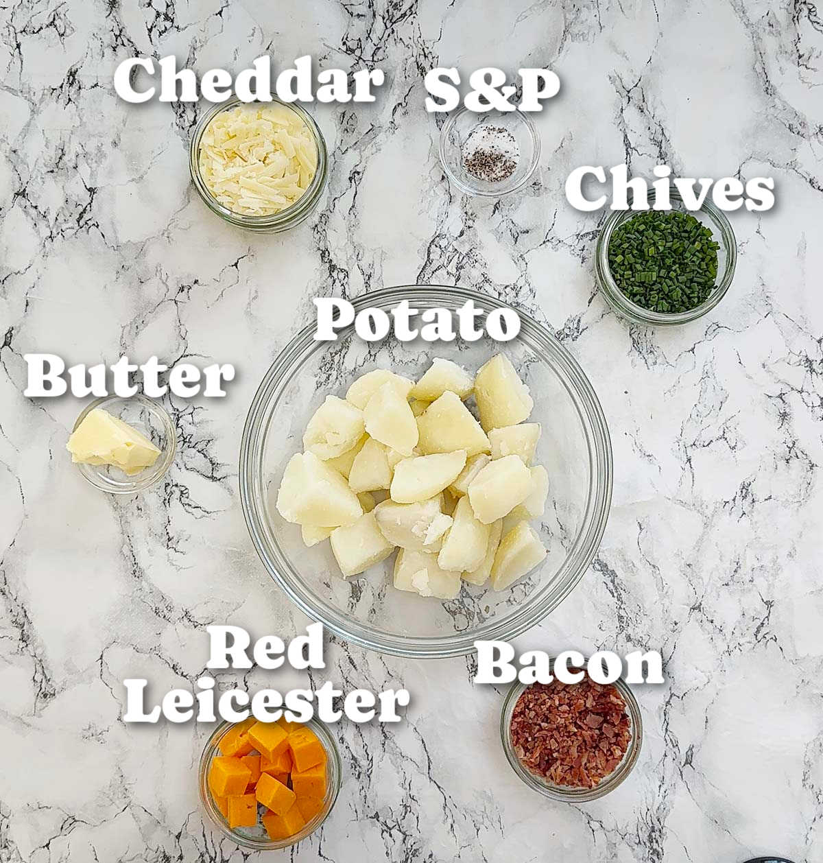 overhead shot of fried mashed potato balls ingredients with text labels