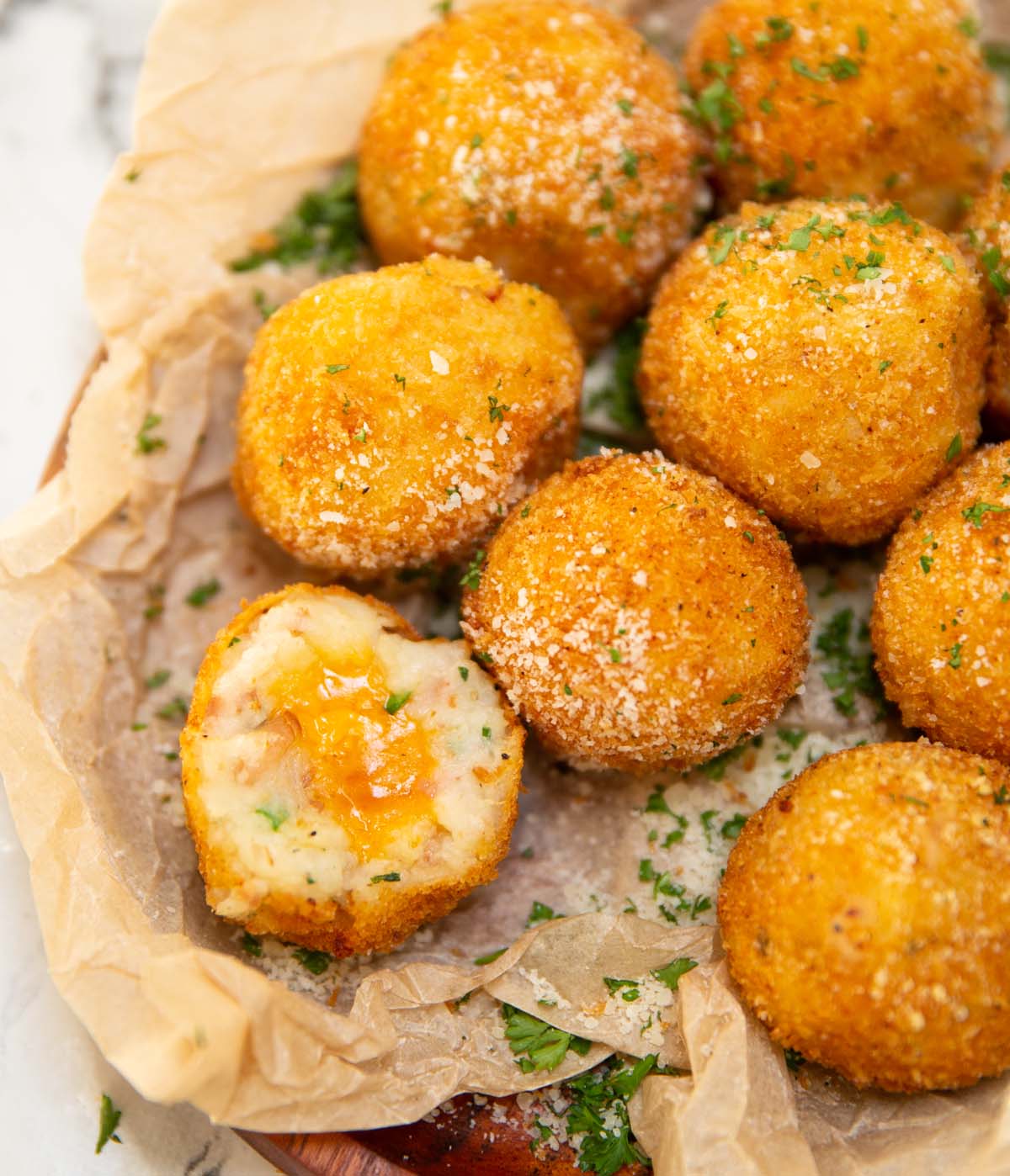 close up overhead shot of fried mashed potato balls