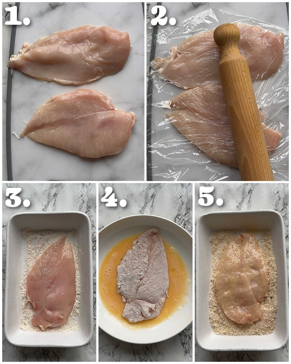 5 step by step photos showing how to make crispy chicken